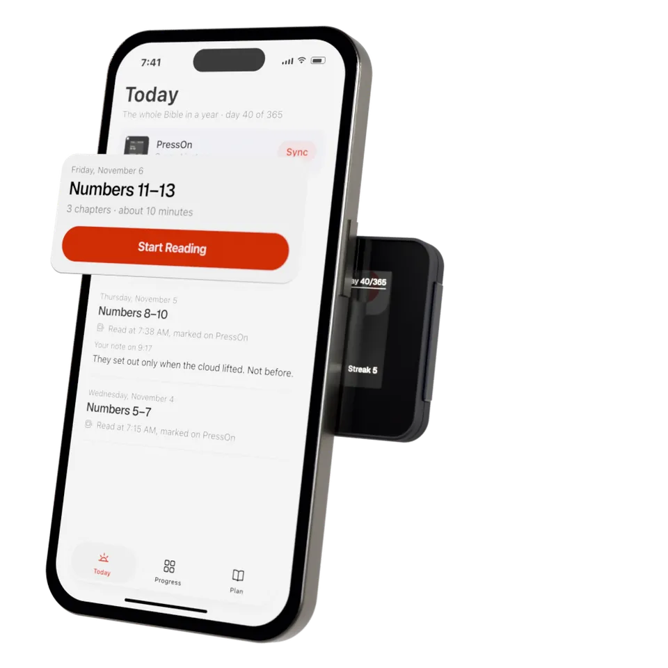 An iPhone floating face up; PressOn touches its back, the phone shows a notification to open PressOn, the app opens on Today, and today’s reading, Numbers 11 to 13 with Start Reading, lifts out of the screen